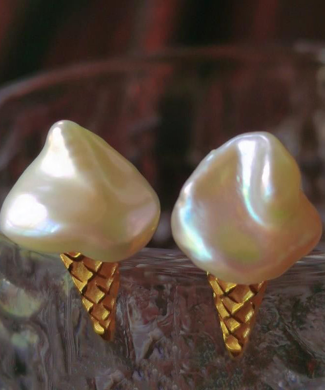 Gold Sterling Silver Pearl Ice Cream Stud Earrings