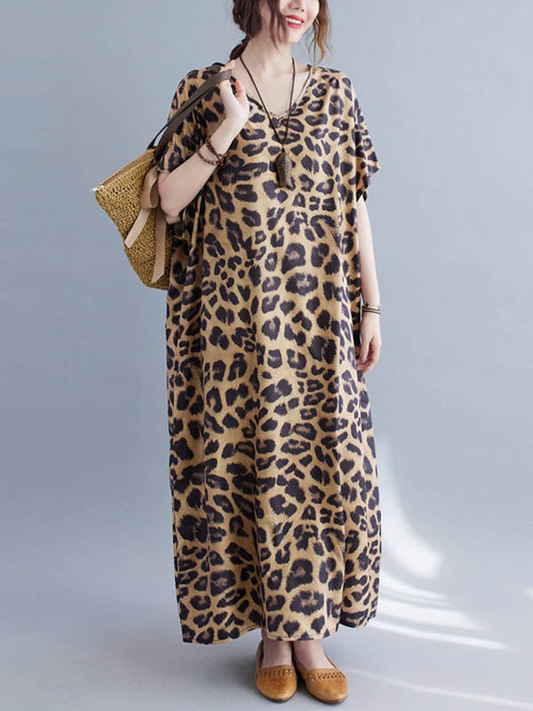 Loose Leopard V-neck Batwing Sleeves Maxi Dress