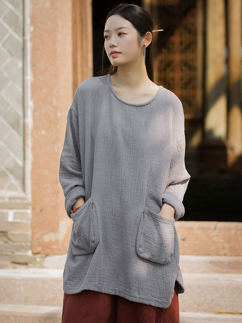 Autumn O-neck Cotton Blouse Av1021