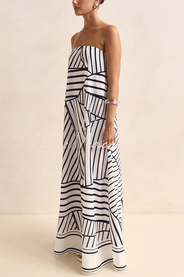 Unique Print Tube Top Back Zipper Loose Maxi Dress