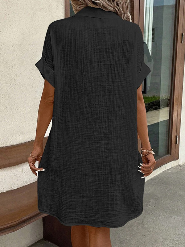 Loose Short Sleeves Pleated Split-joint Lapel Mini Dresses Shirt Dress