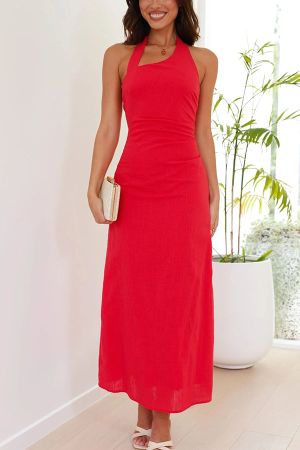 Color Sleeveless Halter Neck Backless Slim Fit Maxi Dress