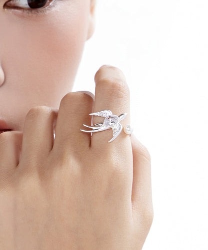 Small Bird Large Drill Pearl Zircon Adjustable Silver Rings