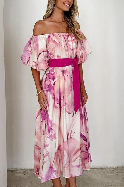 Print Puff Sleeve Tie-waist Midi Dress