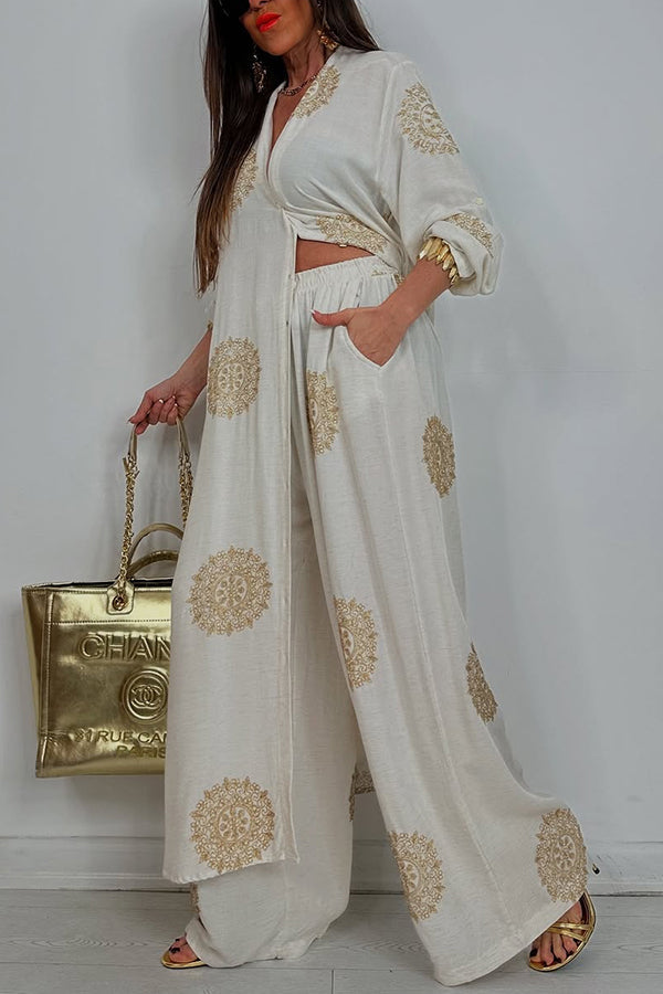 Unique Printed V-neck Long Sleeve Long Shirt and Elastic Waist Pocket Wide Leg Pants Set