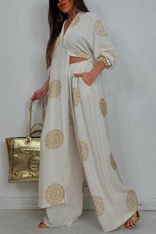 Unique Printed V-neck Long Sleeve Long Shirt and Elastic Waist Pocket Wide Leg Pants Set