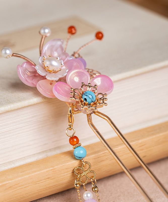 Fine Colorblock Alloy Pearl Turquoise Colored Glaze Tassel Hairpin