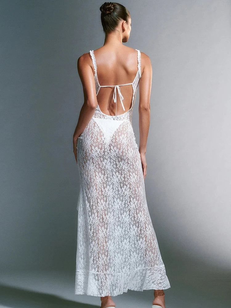 Lace Print High Split ’s Dress Slim Fit Open Back Transparent Lace Up Female Midi Dress Party Club Vestidos