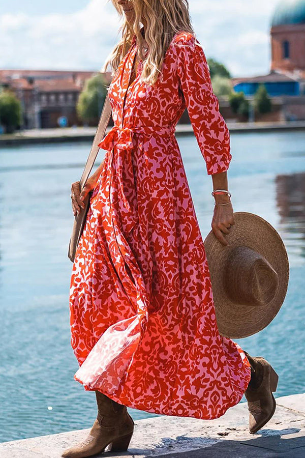 Lapel Slit Print Lace Up Button Maxi Dress