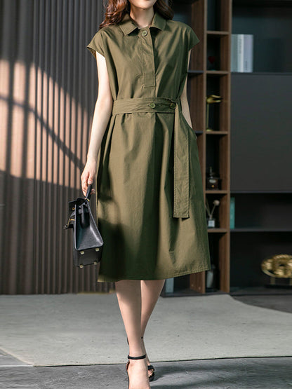 Short Sleeves Bandage Color Lapel Midi Dresses