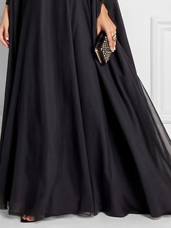 Batwing Sleeves Loose Jacquard See-through Color Split-joint Three-dimensional Flower Round-neck Maxi Dresses