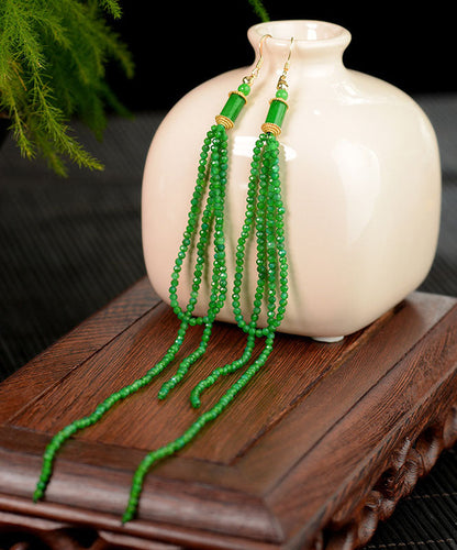 Green Silver Agate Jadeite Dry Green Tassel Drop Earrings