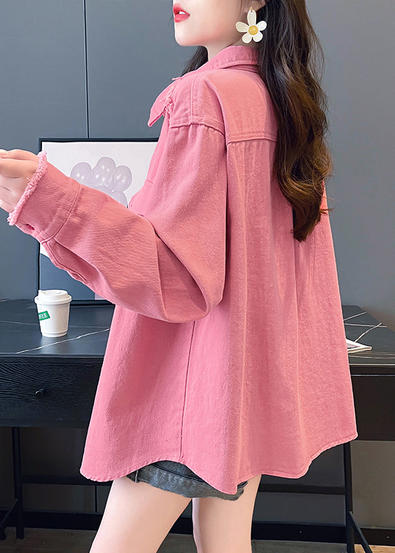 Pink Peter Pan Collar Pockets Denim Shirts Coat Fall Qc001