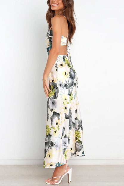 Garden Party Satin Cut Out Back Lace-up Maxi Dress