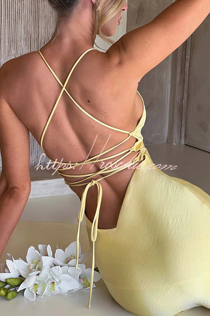 Satin Color Backless Lace Up High Slit Maxi Dress