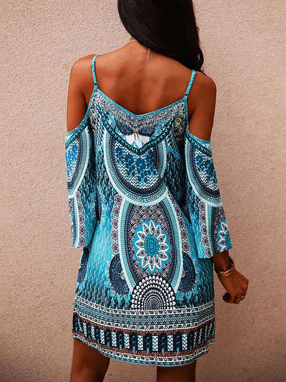 High Waisted Loose Hollow Printed Split-joint Cold Shoulder Mini Dresses