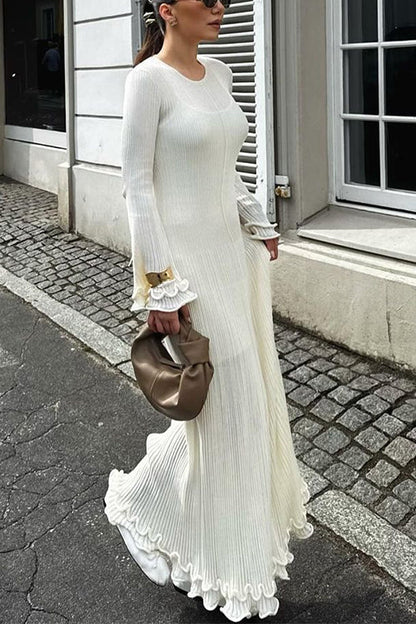 Bell Sleeves Back Lace-up Ruffle Trim Maxi Dress