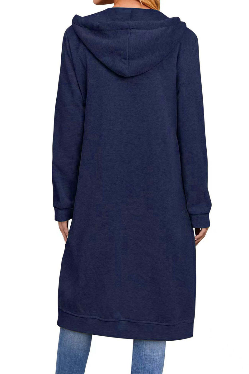 Zip Up Drawstring Hooded Long Cardigan