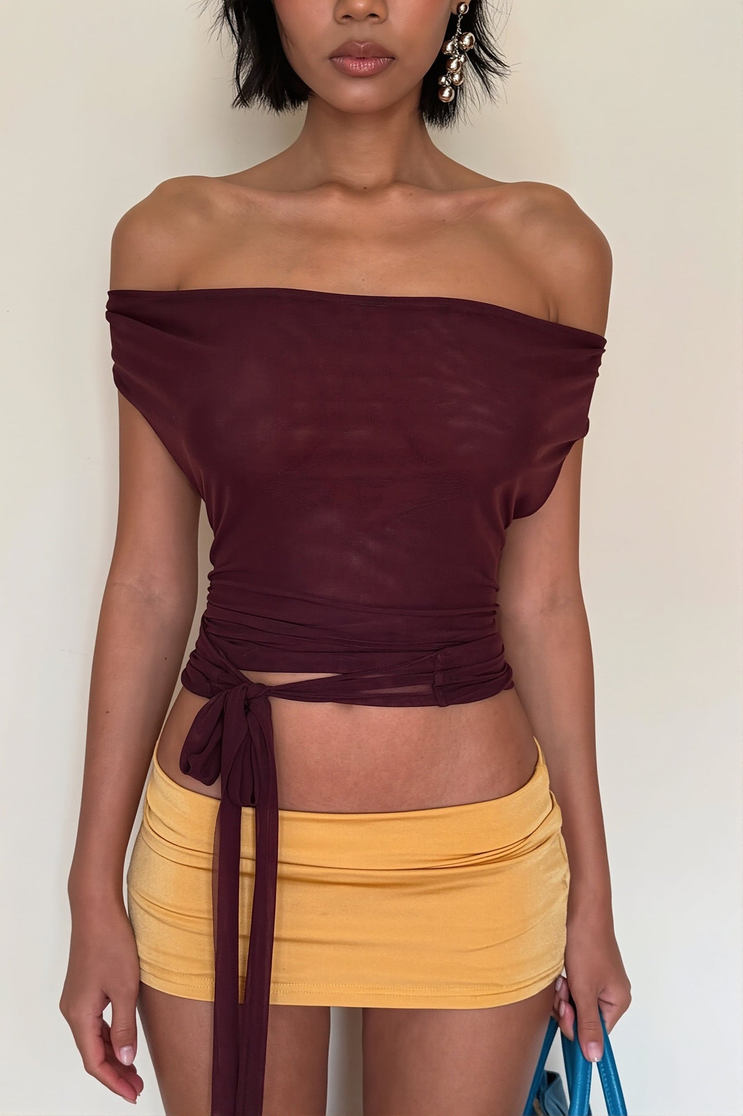 Burgundy Draped V Neck Cinched Crop Blouse