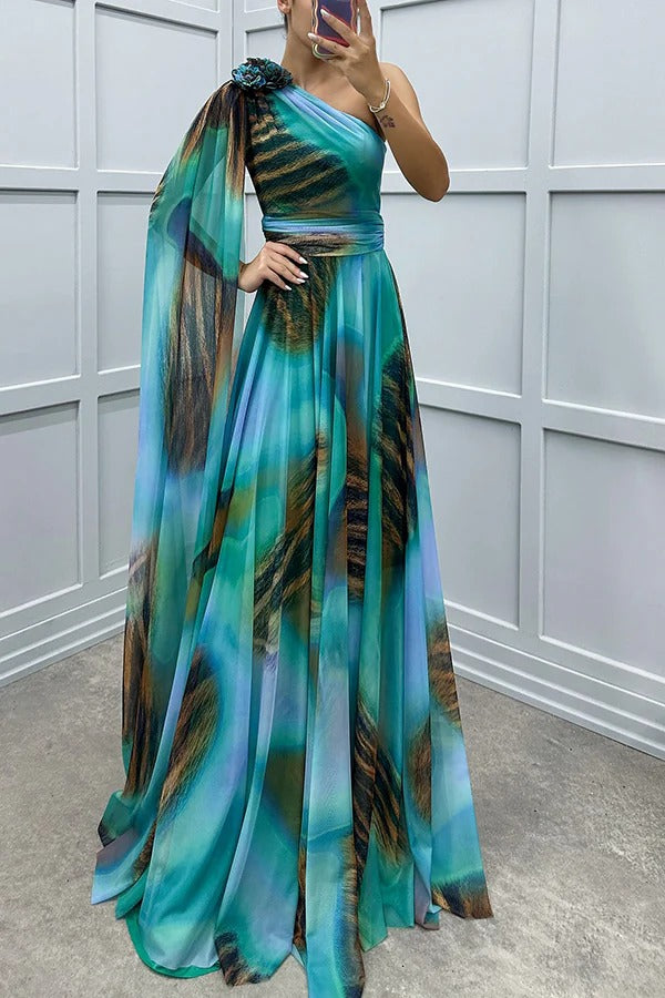 Lucia Unique Print Detail One Shoulder Draped Sleeve Gown Maxi Dress