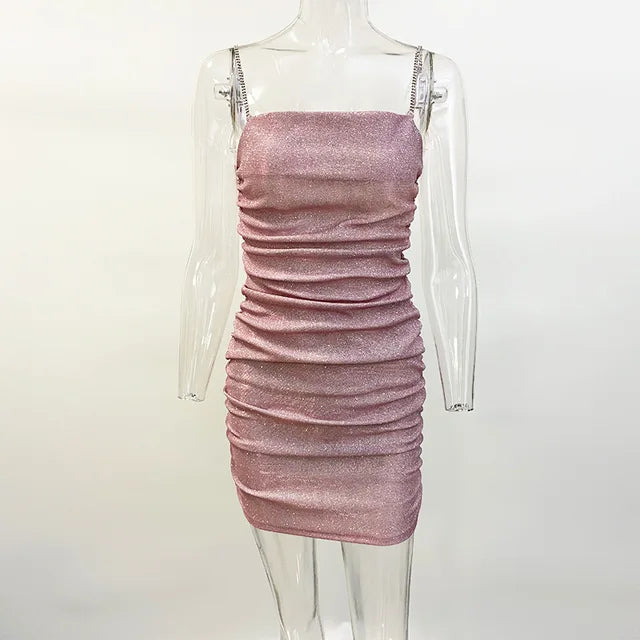 Sparkly Party Dress Rhinestone Straps Pleated Bodycon Mini Dresses Sleeveless Evening Vestidos