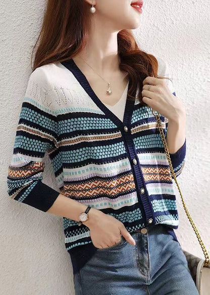 Colorblock V Neck Striped Patchwork Button Knit Cardigans Fall Qp010