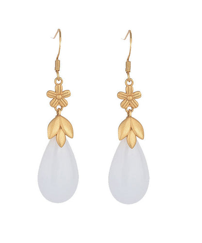 Classy White Ancient Gold Jade Water Drop Drop Earrings