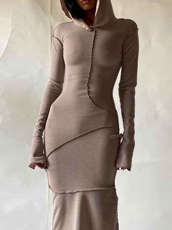Long Sleeves Color Split-joint Hooded Maxi Dresses