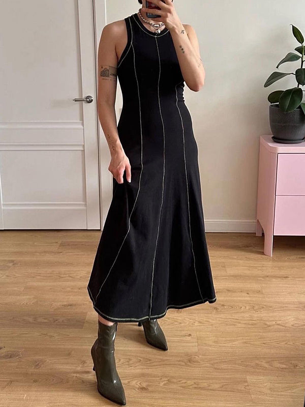 A-line Sleeveless Split-joint Striped Round-neck Maxi Dresses