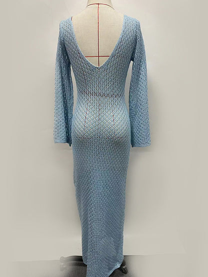 Hollow See-through Smocked Color Sun Protection Deep V-neck Beach Cover-up Maxi Dresses