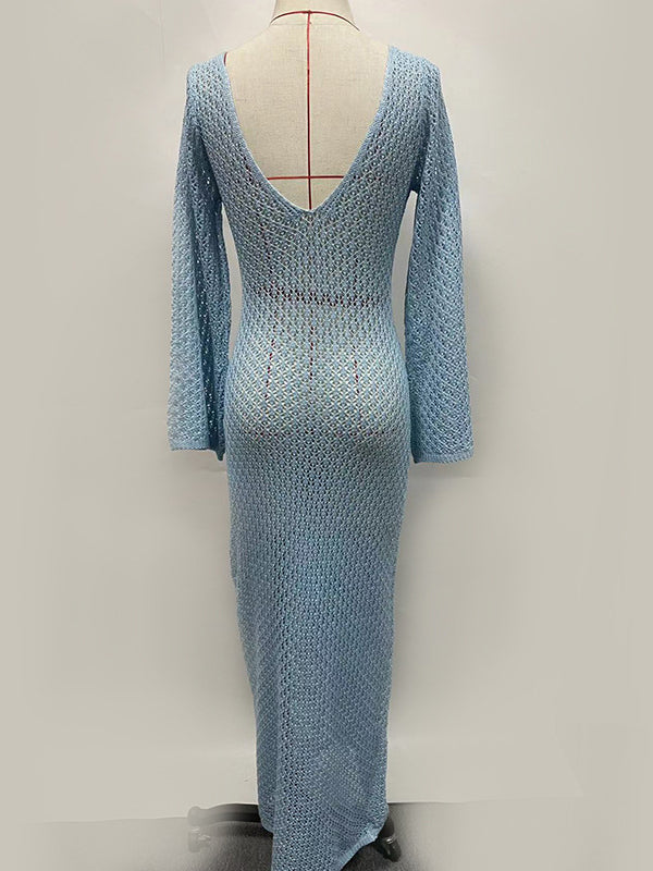 Hollow See-through Smocked Color Sun Protection Deep V-neck Beach Cover-up Maxi Dresses