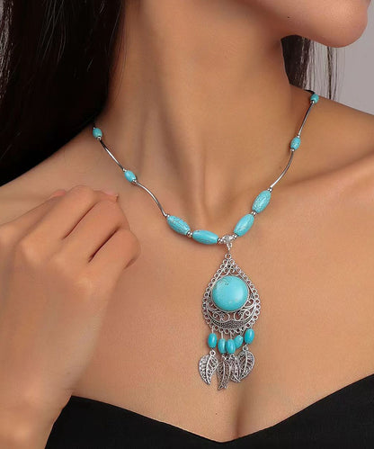 Blue Sterling Silver Turquoise Water Drop Leaves Pendant Necklace