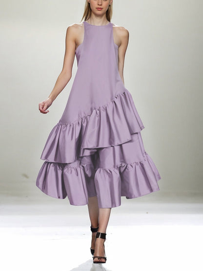 A-line Loose Double Layered Pleated Color Split-joint Zipper Cold Shoulder Midi Dresses