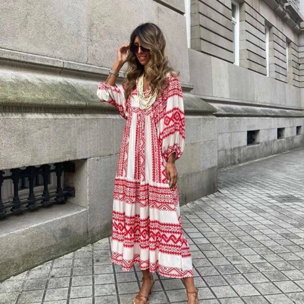 Puff Sleeve Maxi Dress Print V-neck Loose Holiday Beach Party Vestidos