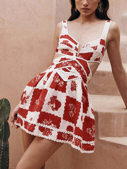 Decorative Unique Print V-neck Hollow A-line Mini Dress