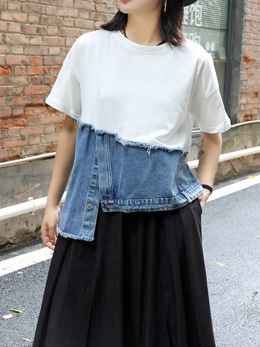 Denim Street Patchwork Sleeve White Short T-shirt O-neck Hem