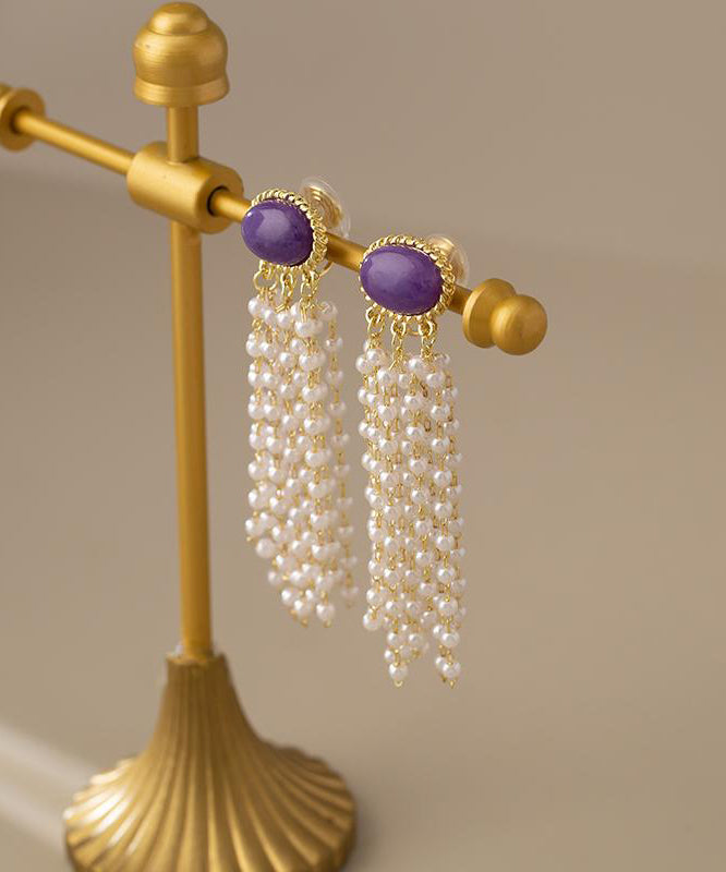 Purple Alloy Pearl Resin Tassel Drop Earrings