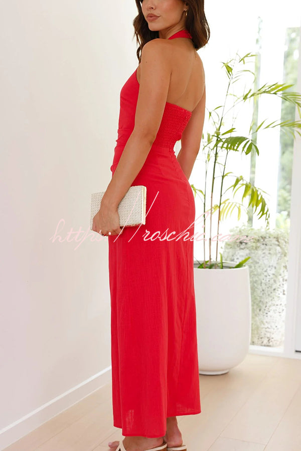 Color Sleeveless Halter Neck Backless Slim Fit Maxi Dress
