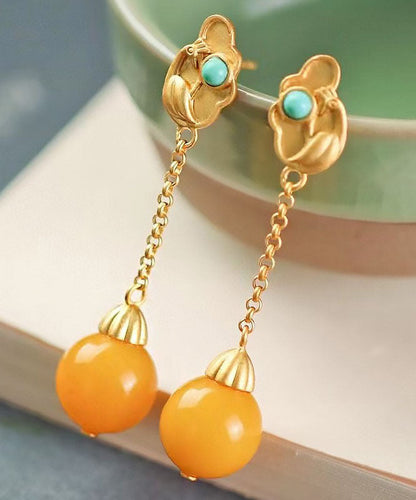 Yellow Sterling Silver Overgild Beeswax Turquoise Drop Earrings