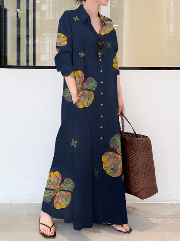 Printed Lapel Oversize Maxi Dress