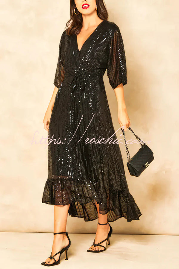 Color Sequined V-neck Waist Tie Loose Maxi Dress