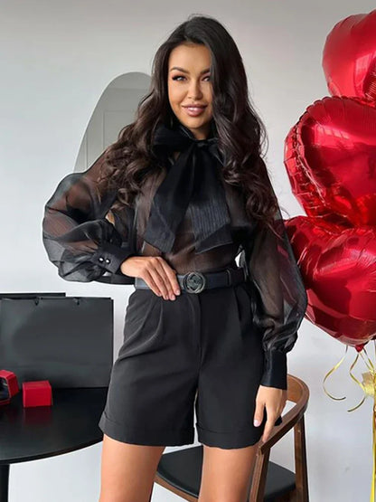 Blouses Shirts Summer Chiffon See Throught Office Blouse Puff Sleeve Lace Up Shirts Tops Black