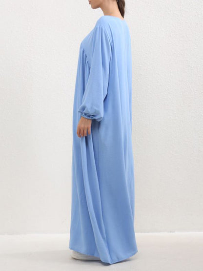 Long Sleeves Loose Pleated Color Split-joint Round-neck Maxi Dresses