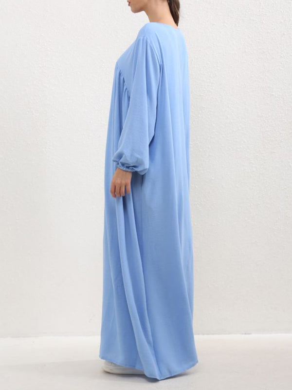 Long Sleeves Loose Pleated Color Split-joint Round-neck Maxi Dresses