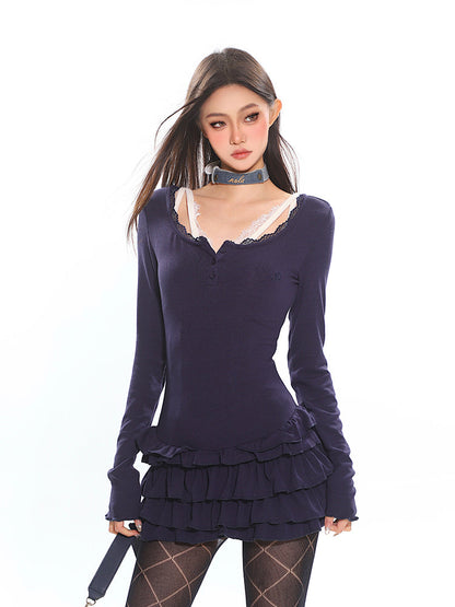Lace Trim Ruffle Mini Dress