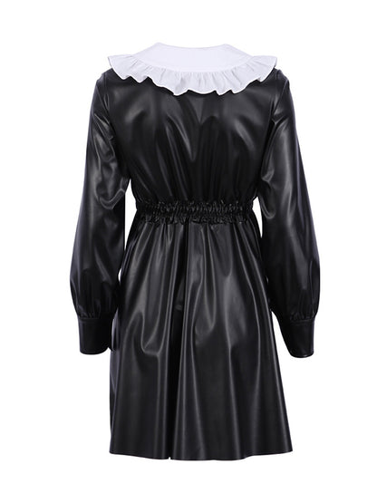 Loose Puff Sleeves Elasticity Pleated Split-joint Peter Pan Collar Mini Dresses