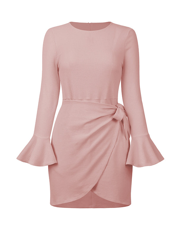 Simple Long Sleeves Skinny Tied Falbala Color Round-neck Mini Dresses