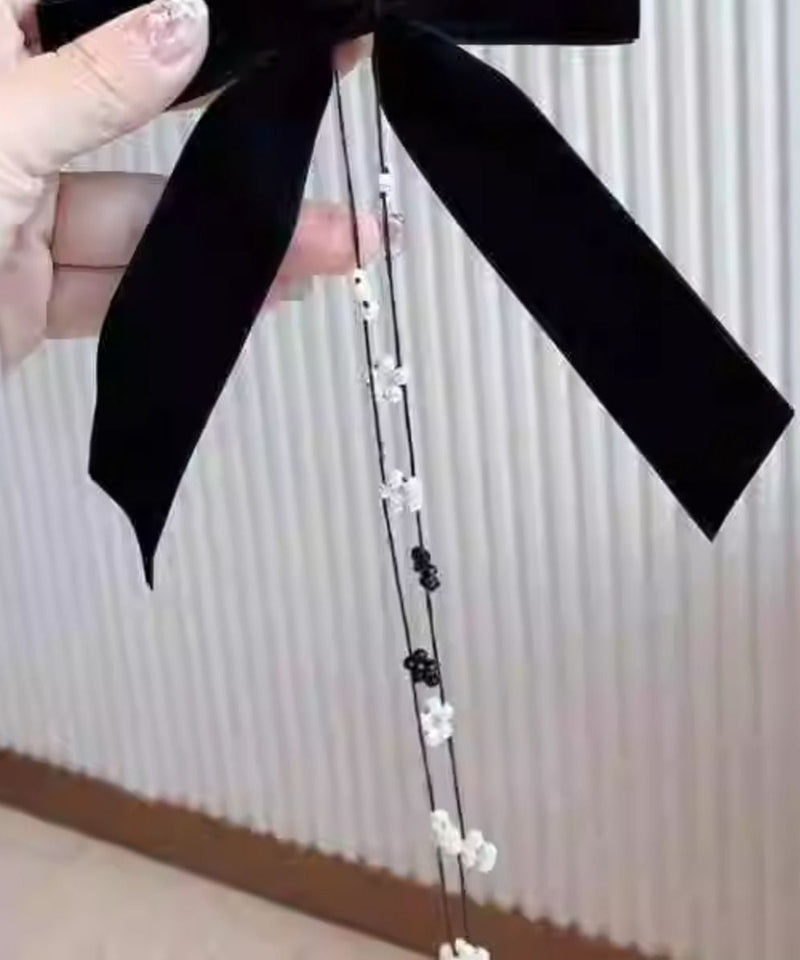 Black Silk Velour Bow Pearl Tassel Hairpin
