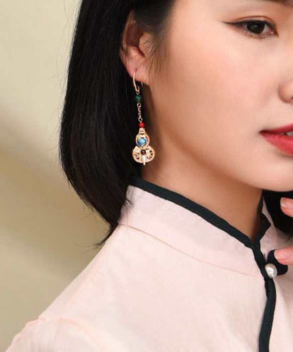 Unique Gold Color Gourd Original Design 14k Gold Drop Earrings