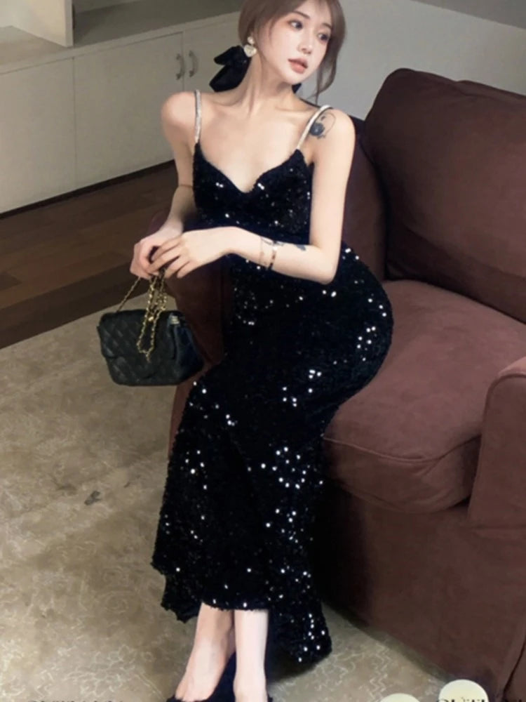 French Retro Sequins Long Dresses for Sleeveless Slim Mermaid Spring New Evening Party Dress Prom Robe Wedding Vestidos